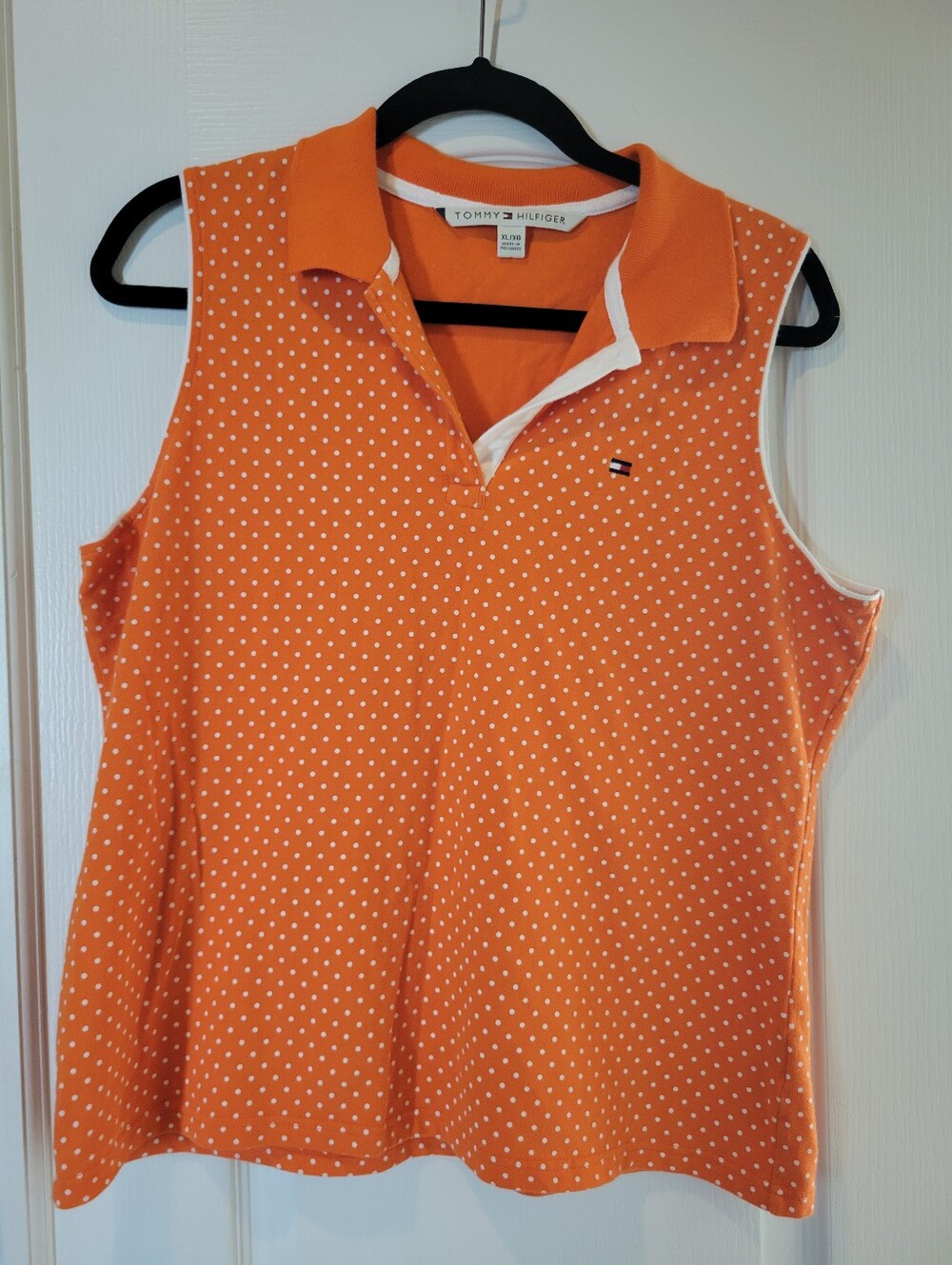 Tommy Hilfiger Sleeveless Polo Shirt Womens XL Orange White Polka Dot Golf Top